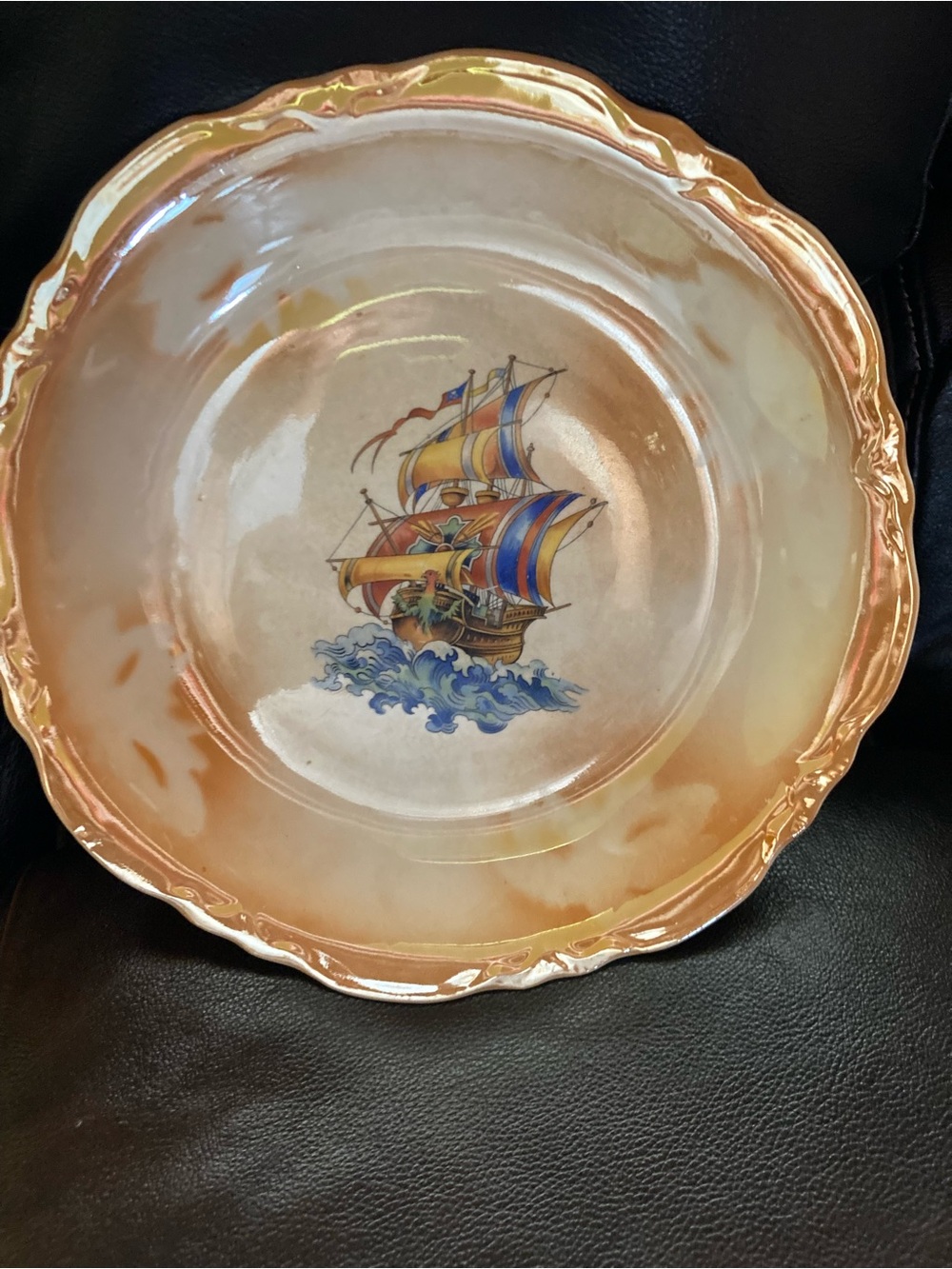 Thompson Peach-Glazed Ceramic Serving Bowl with Colorful Ship Motif